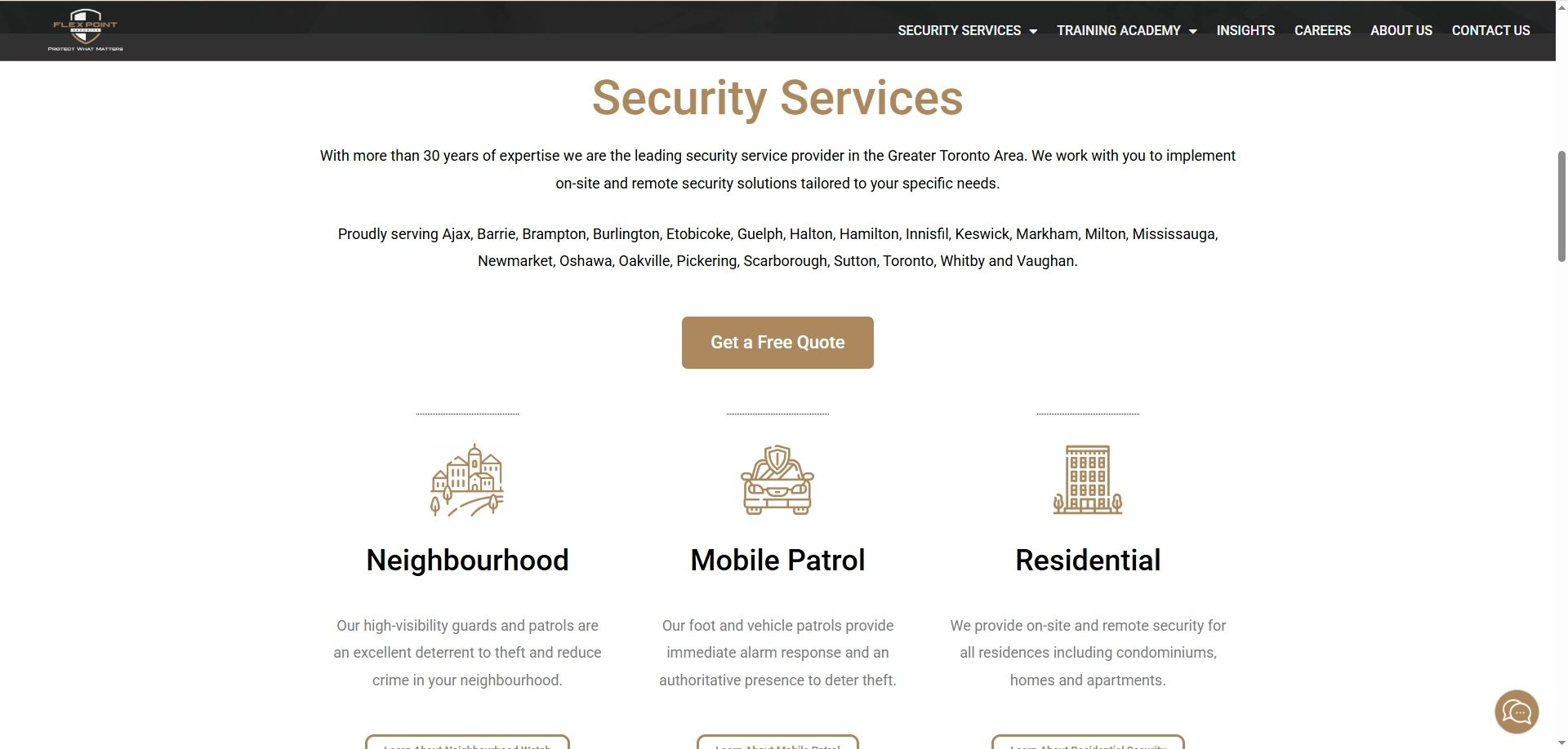 A screenshot of Flex Point Security's homepage